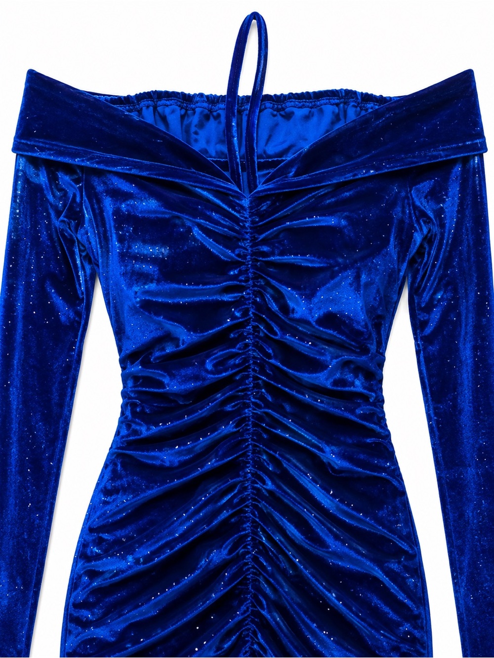 Off-Shoulder Royal Blue Velvet Ruched Bodycon Dress - Picture 3 of 3